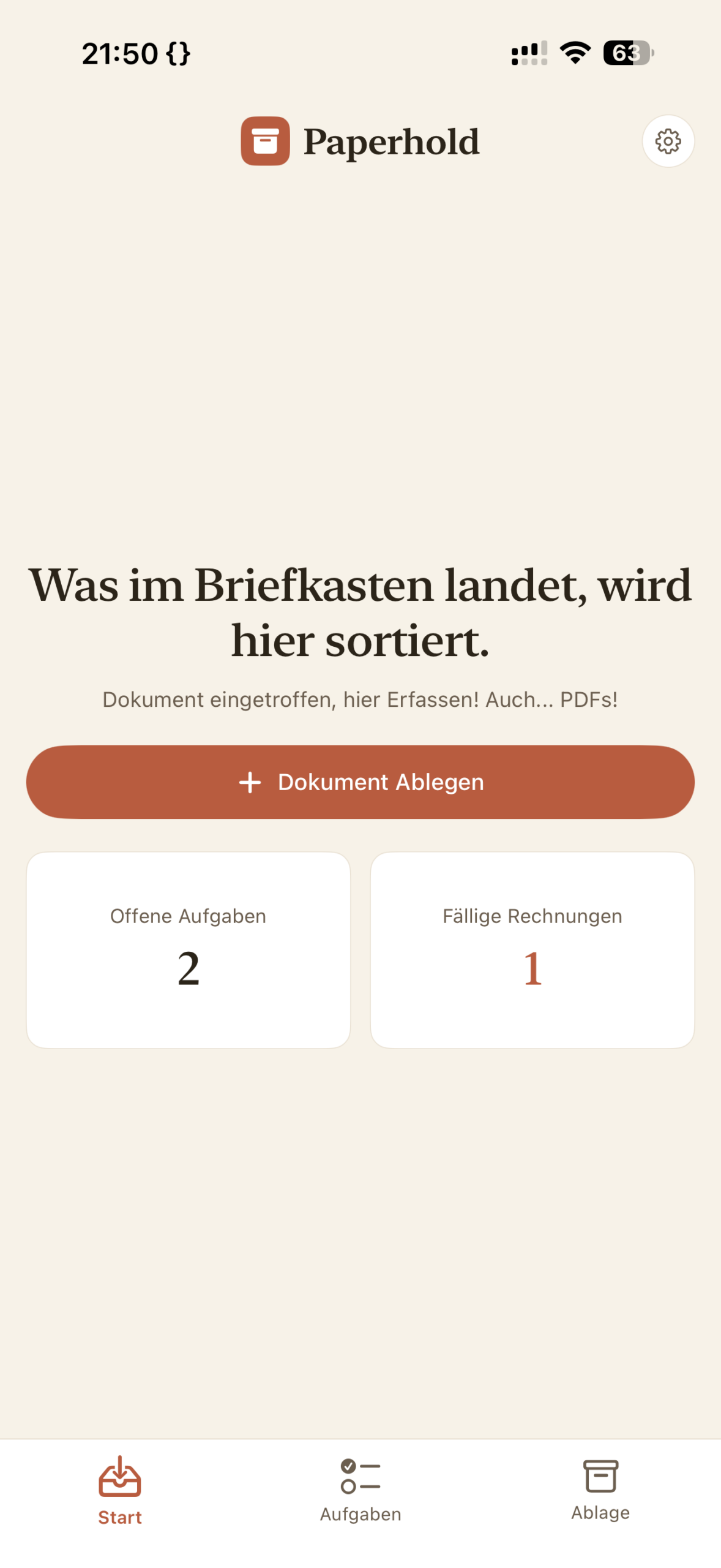 Paperhold Start Ansicht